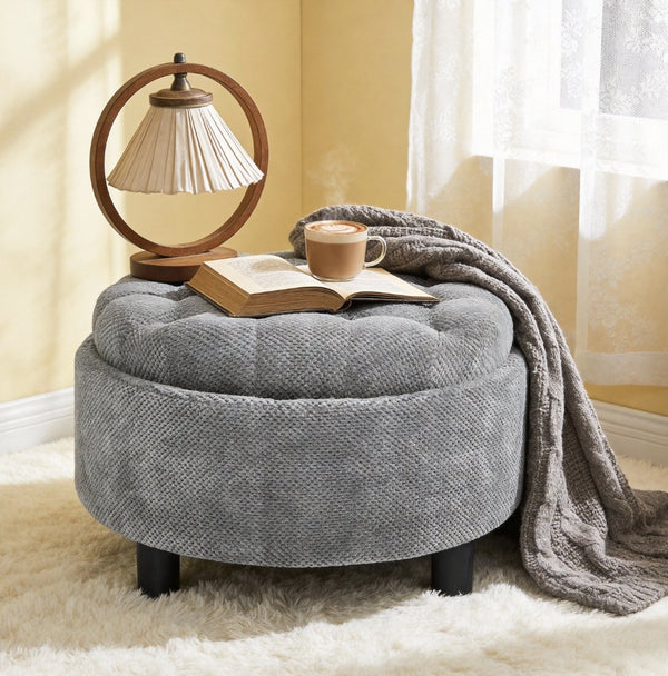 English Elm 25 Inch Round Fabric Pouf Ottoman with Removable Wooden Lid and Hidden Interior Storage Light Grey W5568P461344