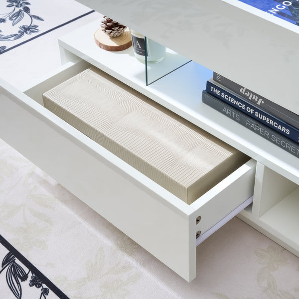 English Elm 39.3" Lift Top Coffee Table with Hidden Storage, 2 Drawers, Adjustable LED Ambience Lights and Durable Lift Mechanism White W3871P368909