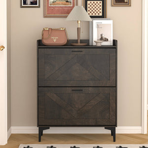 English Elm Shoe Cabinet with 2 Flip Drawers and Open Shelves, Slim Rustic Brown Entryway Organizer, Space-Saving Wood Storage W679P154753