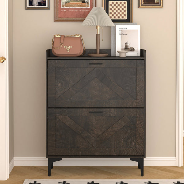English Elm Shoe Cabinet with 2 Flip Drawers and Open Shelves, Slim Rustic Brown Entryway Organizer, Space-Saving Wood Storage W679P154753
