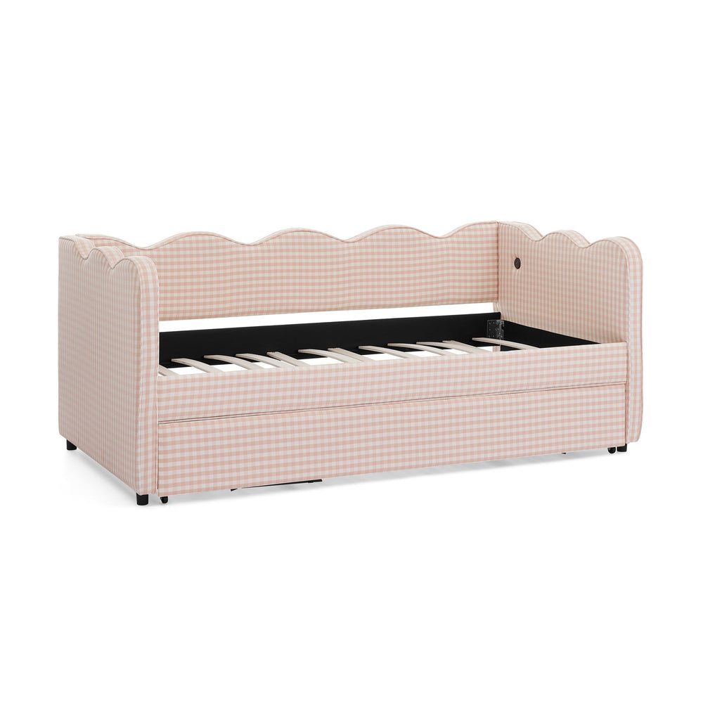 English Elm Cozy Twin Gingham Daybed with Trundle Sofa Bed, Linen Upholstery, USB Port, Wave Frame Design Pink W1413S00099