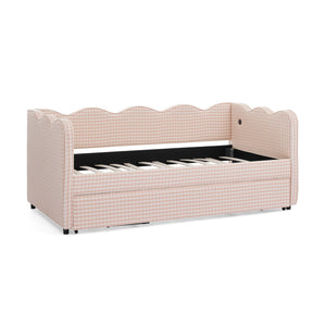 English Elm Cozy Twin Gingham Daybed with Trundle Sofa Bed, Linen Upholstery, USB Port, Wave Frame Design Pink W1413S00099