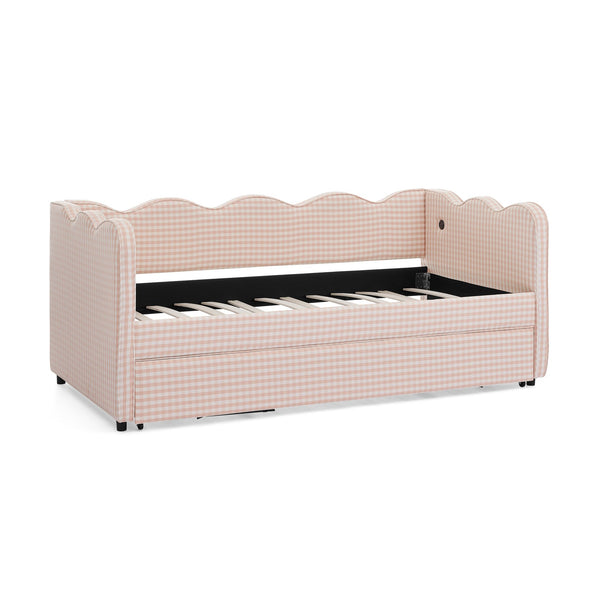 English Elm Cozy Twin Gingham Daybed with Trundle Sofa Bed, Linen Upholstery, USB Port, Wave Frame Design Pink W1413S00099