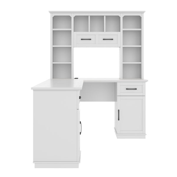 English Elm L-Shaped Corner Desk with 3 Cabinets, 2 Drawers & 11 Shelves, Built-In Power Outlet for Home Office White W1580S00188