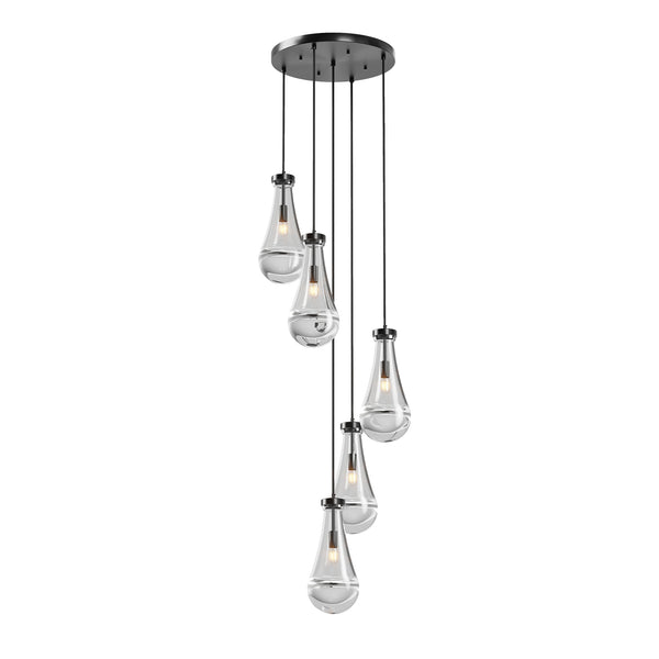 English Elm 5 Modern 5-Light Cluster Pendant with Raindrop Glass & Adjustable Rope Cordset for High Ceilings Black W2312P389954