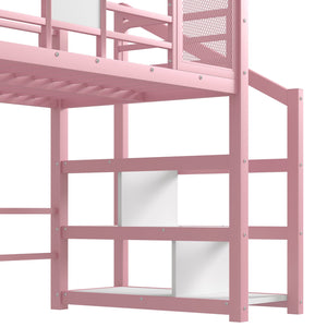 English Elm Twin House Loft Bed with Slide and Stairs, Metal Playhouse with Storage Shelves and Quiet Design Pink W1580S00349