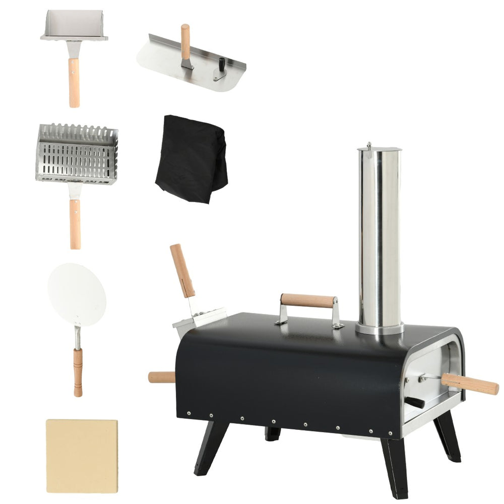 English Elm Outsunny Wood Fired Portable Pizza Oven Stainless Steel with Stone Peel and Cover W2225P174311
