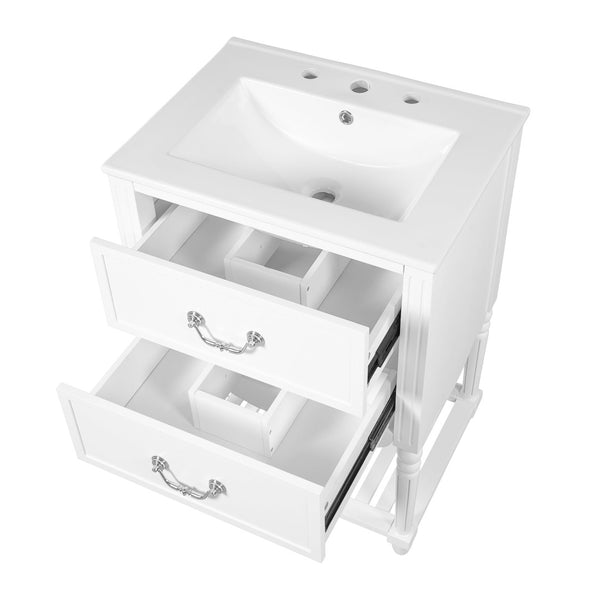 English Elm 24'' Vintage Bathroom Vanity with Ceramic Sink Soft Close Drawers Open Shelf White N710P411237K