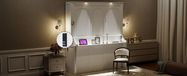 English Elm Queen Murphy Bed with Desk, Built-In LED Lights, USB Charging Ports & Space-Saving Modern Design White N7500004014K