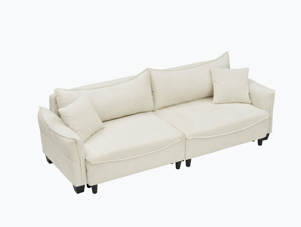 English Elm Sofa Beige Corduroy 3-Seater Convertible Sofa Bed with Two Pillows, Solid Wood Frame, 500lb Capacity W1278S00039