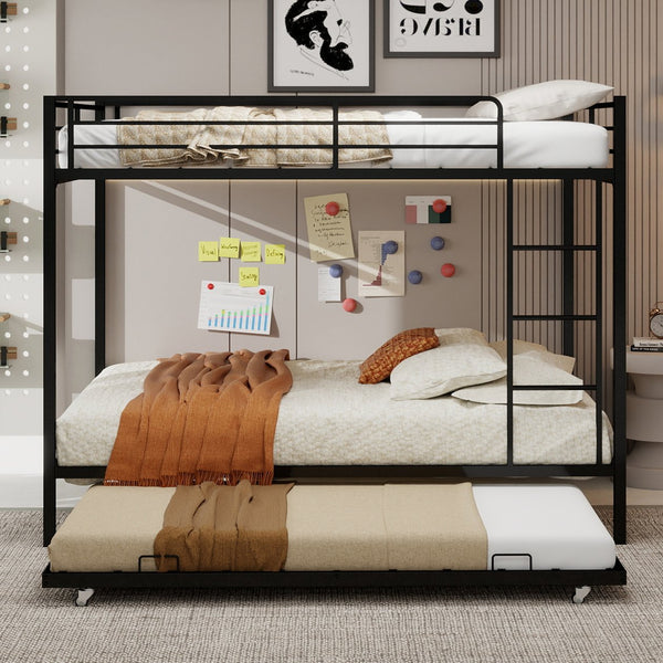 English Elm Durable Square Tube Iron Bunk Bed With Trundle - Modern Minimalist Design For Kids & Guest Rooms W1935P360860