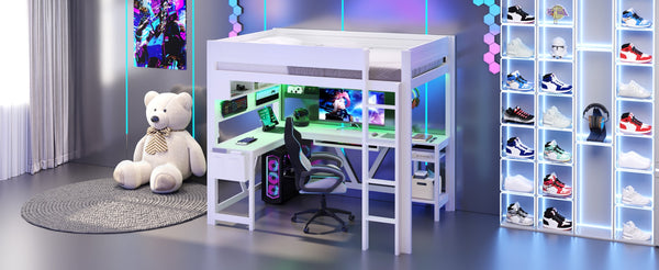 English Elm Wood Full Size Gaming Loft Bed With Desk, Led Lights, Storage Shelves & Charging Station - White N7090004022K-GIGA