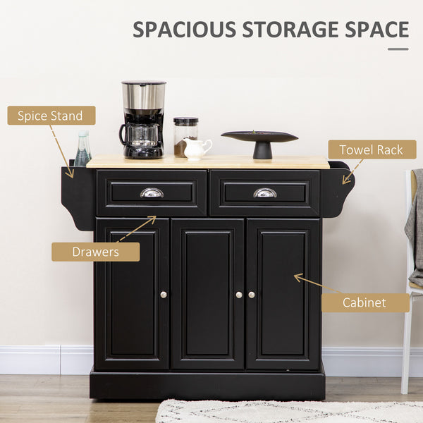 English Elm HOMCOM Mobile Kitchen Island with Drop Leaf Breakfast Bar, Rubberwood Top, Locking Casters & Storage Black W2225P217408
