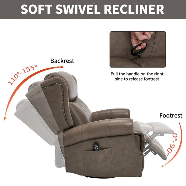 English Elm Heat Massage Swivel Rocker Recliner Genuine Leather Chair with Lumbar Relief W3224S00011
