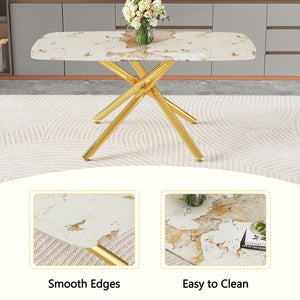 English Elm Table and Chair Set Marble Glass Top Six Seats Gold Legs Modern Dining Room W1151S04543