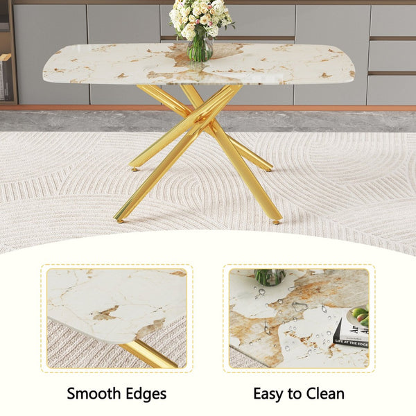 English Elm Table and Chair Set Marble Glass Top Six Seats Gold Legs Modern Dining Room W1151S04543