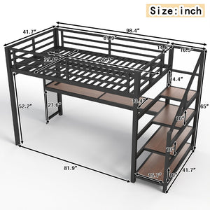English Elm Twin Xl Metal Loft Bed with Stair Storage Shelves Sturdy Steel Frame for Dorms W1580S00481