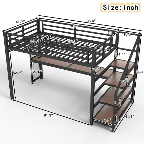 English Elm Twin Xl Metal Loft Bed with Stair Storage Shelves Sturdy Steel Frame for Dorms W1580S00481