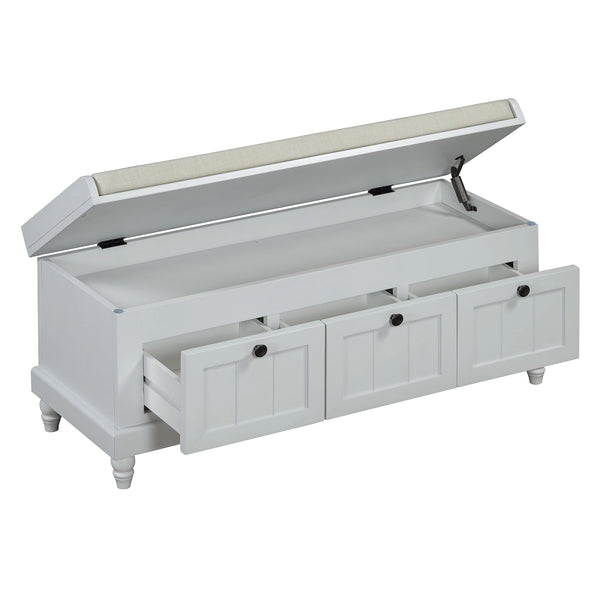 English Elm TREXM Farmhouse Entryway Bench with Cushioned Seat, Hidden Storage & Three Drawers for Organization Light Gray N715P293344E