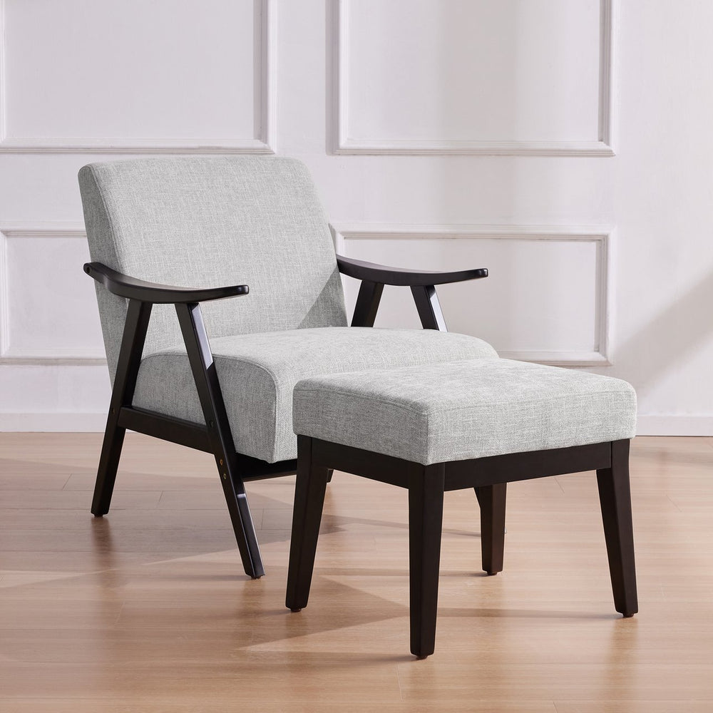 English Elm Accent Chair With Ottoman Set - Mid Century Modern Upholstered Grey Chair & Footrest For Any Room W2975P223179