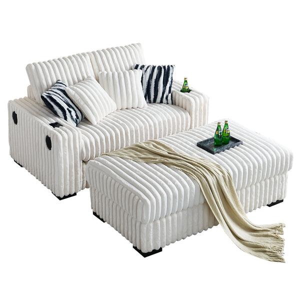 English Elm 61.42Inch Square Arm Loveseat With Ottoman Upholstered Velvet, Bluetooth Speaker, Wireless Charger, USB Ports, Cup Holder, Cozy Channeling Design Beige W579S00019