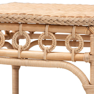 English Elm Bohemian Hand-woven Rattan Round End Table with Open Geometric Base for Living Rooms B2750P467842