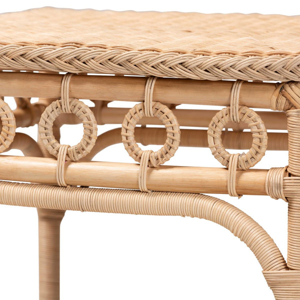 English Elm Bohemian Hand-woven Rattan Round End Table with Open Geometric Base for Living Rooms B2750P467842