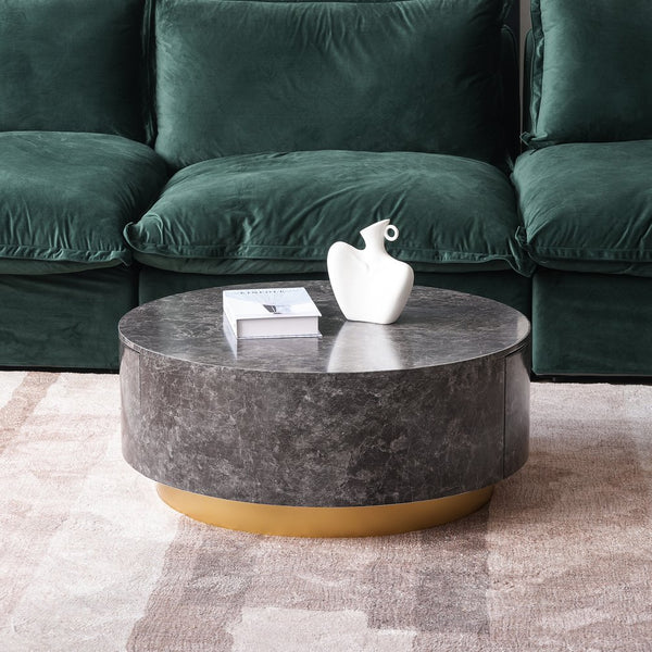 English Elm Tavola Round Coffee Table with Marble Pattern Top and Metal Legs, Two Drawers for Stylish Storage Grey B341P321161