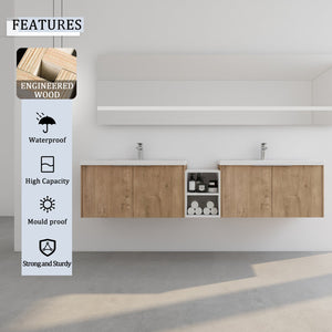 English Elm 84 Inch Wall Mounted Vanity with Dual Resin Sinks, Soft Close Doors, Metal Handles, Ample Storage Space Imitative Oak W999S00190