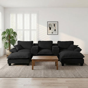 English Elm Modular Cloud Sectional U-shape Chenille Sofa with Storage Ottoman and Usb Charging Black W3163S00129
