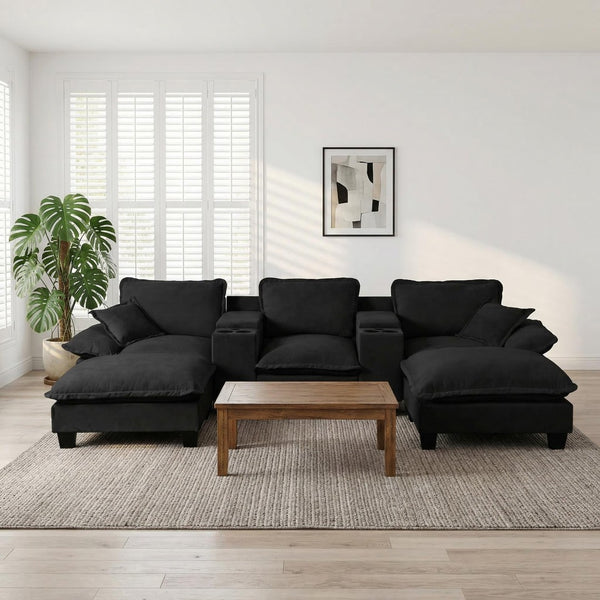 English Elm Modular Cloud Sectional U-shape Chenille Sofa with Storage Ottoman and Usb Charging Black W3163S00129