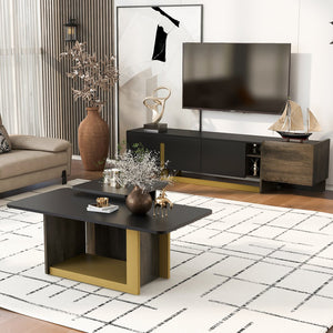 English Elm VIBE Light Luxury TV Cabinet and Coffee Table Set with Gold Accents, MDF & Metal, Spacious Storage Black SJ000149AAB