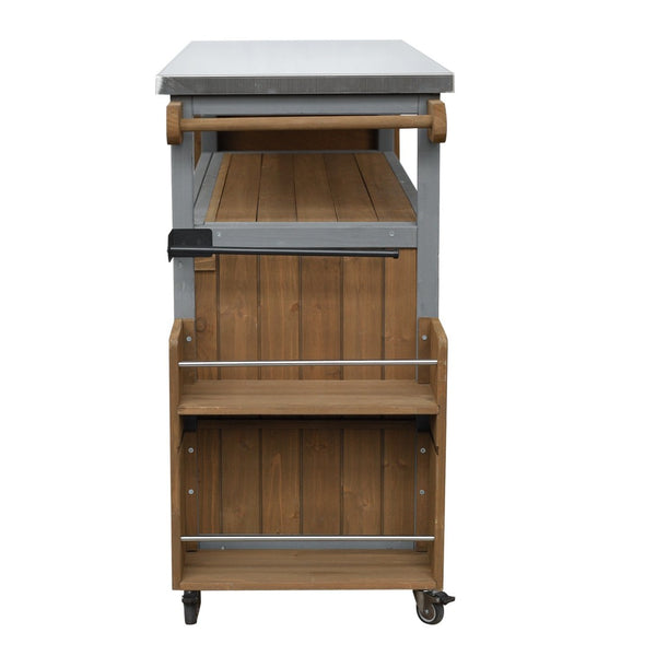 English Elm Foldable Outdoor Kitchen Cart with Stainless Worktop Fir Wood Frame and Lockable Wheels Espresso,Grey N719P380279Z