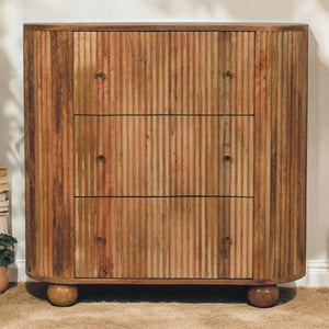 English Elm Solid Mango Wood 3-drawer Chest with Brass Knobs and Turned Ball Feet for Bedroom B182P279169