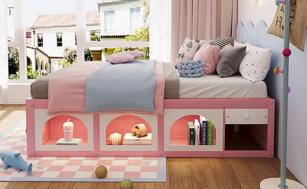 English Elm Queen Storage Platform Bed with Led Lighting Bookshelf Display Cabinet and Pull-out Drawer Pink+White N820S00078H