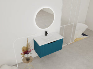 English Elm 36" Floating Bathroom Vanity with Resin Sink, Wavy Doors, Soft-Close Hinges & Durable Plywood Finish Lake Blue W999P251809