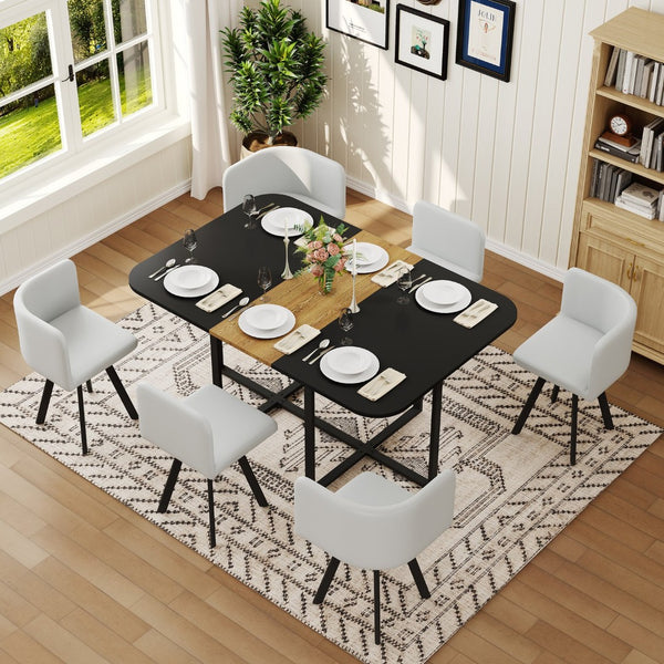 English Elm 7 Piece Modern Dining Set Six Gray Pu Chairs Two Tone Wood Metal Table for Apartments W3875S00102