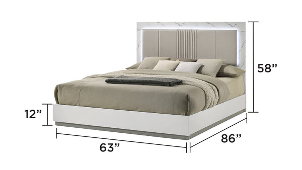 English Elm Mist Queen 4-Piece Bedroom Set – Chic Two-Tone High-Gloss Marble & Led Illuminated Finish White B009S01744
