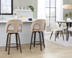 English Elm Fixed-height Swivel Counterstools Velvet Seat Walnut Bentwood Legs Set of Two B202S01794