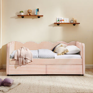 English Elm Twin Gingham Linen Daybed with Wave Silhouette Usb Port and Dual Storage Drawers Pink W1413S00142