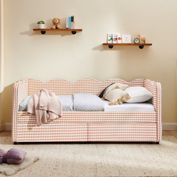 English Elm Twin Gingham Linen Daybed with Wave Silhouette Usb Port and Dual Storage Drawers Pink W1413S00142