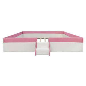 English Elm King Upholstered Daybed Frame with Fence & Stairs, Brown+White PU, 10 Slats, 750lb Capacity, Luxe Comfort SF000156AAH