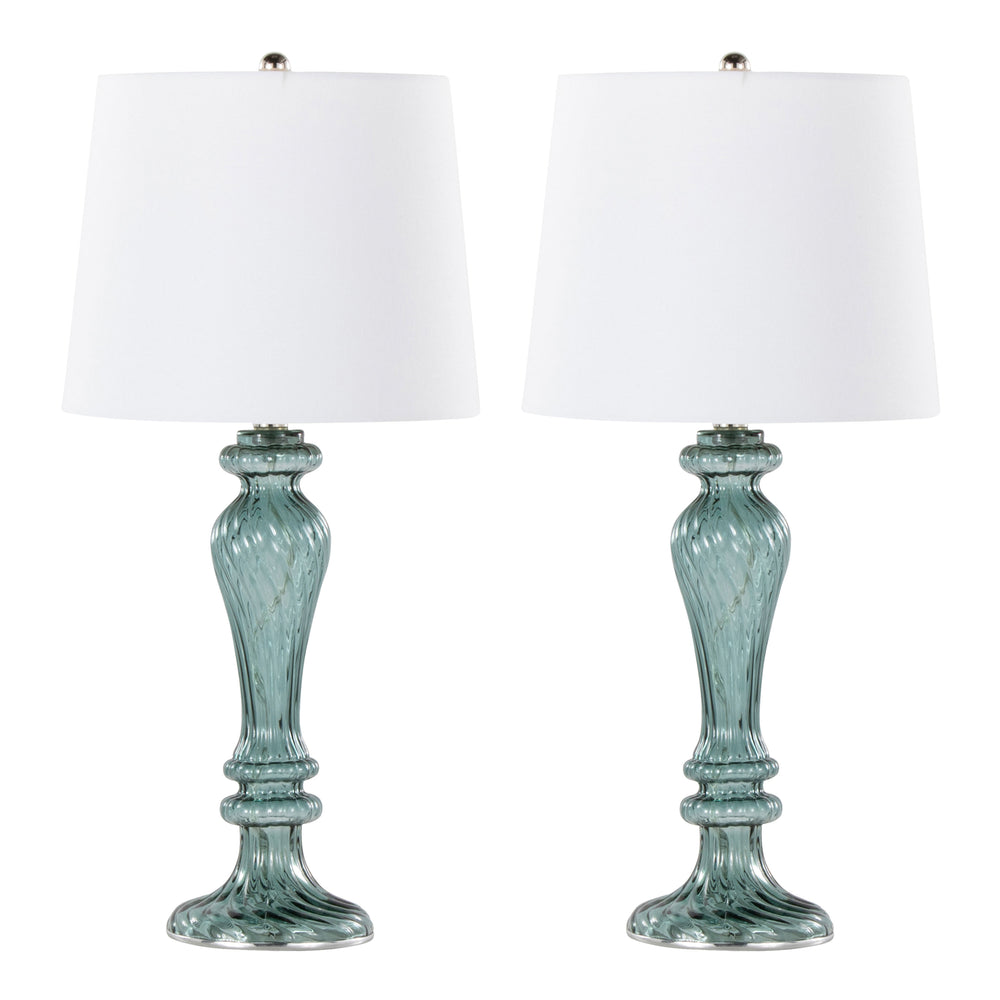 English Elm Windsor 25" Contemporary Turquoise Glass Table Lamp Set of 2 with Off-White Linen Shade, Nickel Accents B202P224035