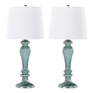 English Elm Windsor 25" Contemporary Turquoise Glass Table Lamp Set of 2 with Off-White Linen Shade, Nickel Accents B202P224035