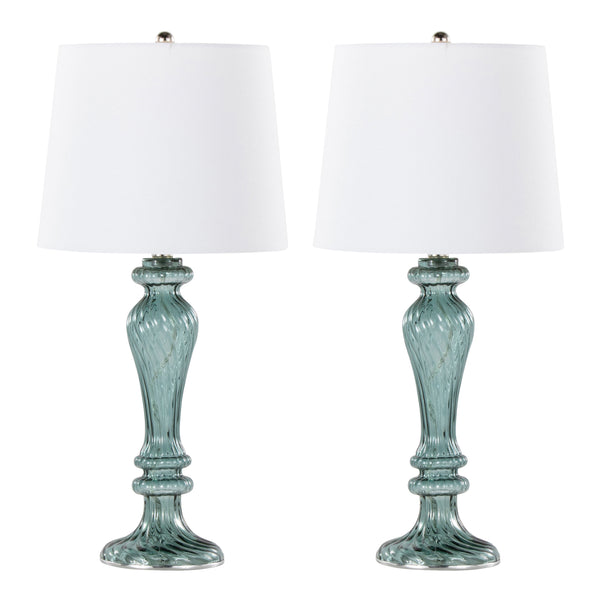 English Elm Windsor 25" Contemporary Turquoise Glass Table Lamp Set of 2 with Off-White Linen Shade, Nickel Accents B202P224035
