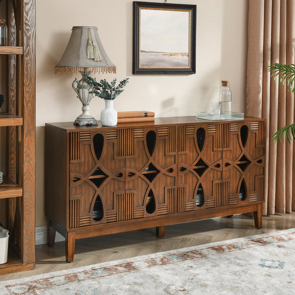 English Elm 60.5" Mid Century Sideboard Buffet with 4 Doors, Adjustable Shelves, Outlet Holes — Walnut TV Console W1801P224330