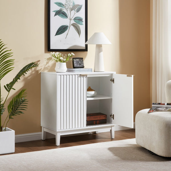 English Elm 2 Door Storage Cabinet with Fluted Fronts and Brass Handles, Mid-Century Accent Console for Entryway White W914P292864