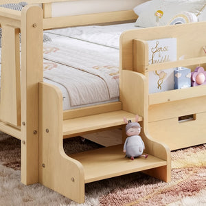 English Elm Twin Kids Platform Bed with Trundle Staircase Bookshelf and Rounded Safety Rails Light Natural W1580S00541