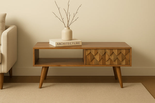 English Elm Pineapple Carve Oak Media Console with Rattan Accent, 1 Open Slot, Sliding Drawer, Nordic Legs B182P166493