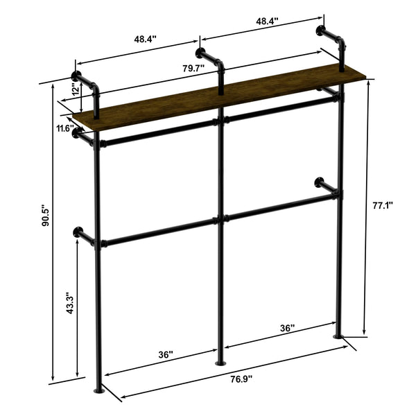 English Elm Industrial Pipe Clothing Rack With Led Lights - Heavy Duty Wall-Mounted Garment Storage Solution T3210P392613